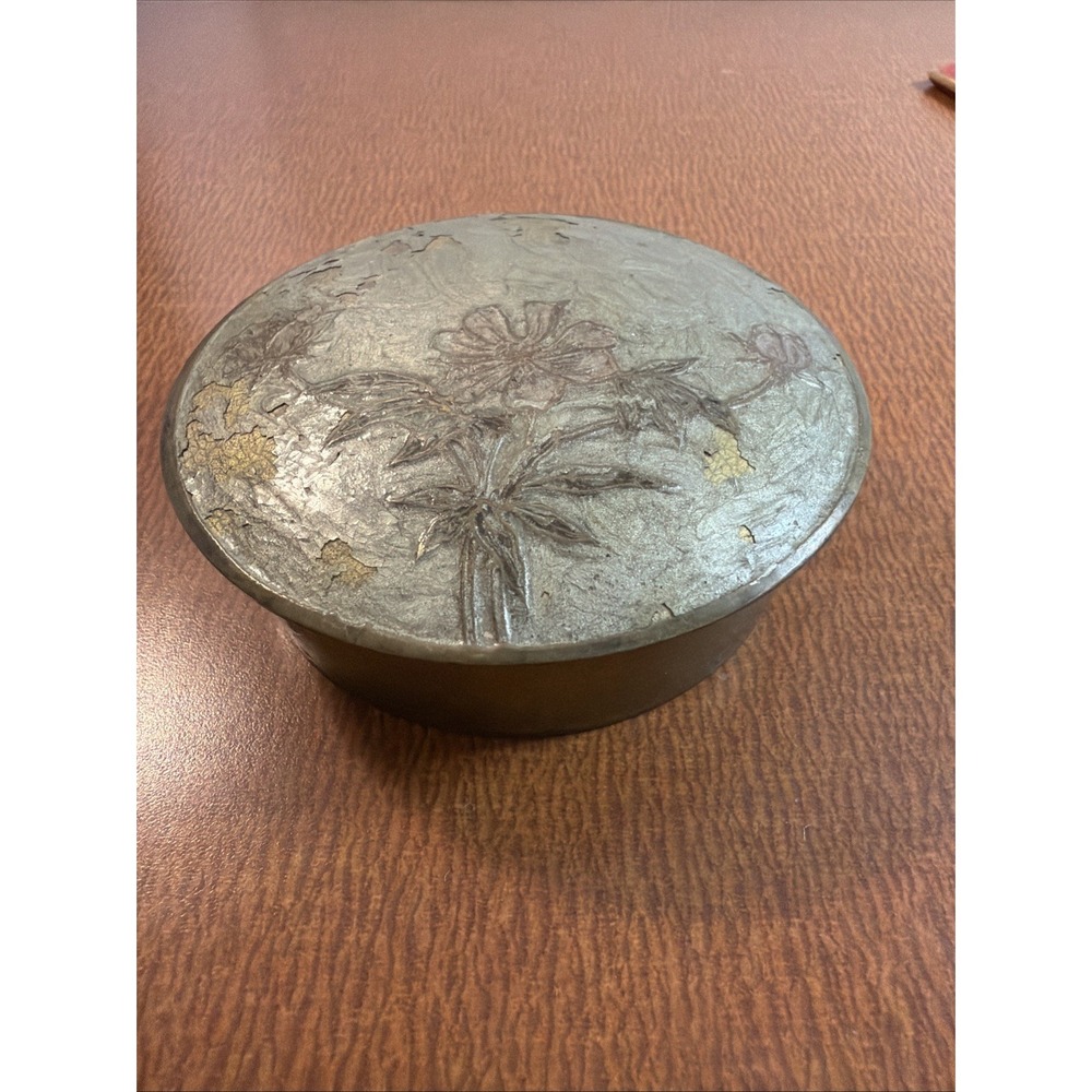 Vintage Round Brass Trinket Dish with Lid Painted Enamel Floral Design 4"